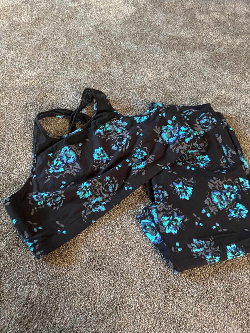 Black Floral Active Set with Teal Blue Flowers